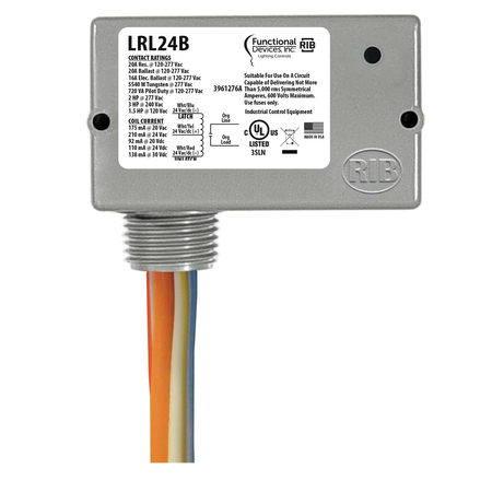 FUNCTIONAL DEVICES-RIB Mechanically Latching Lighting Relay, 24 Vac/dc Coil, SPST relay with LRL24B